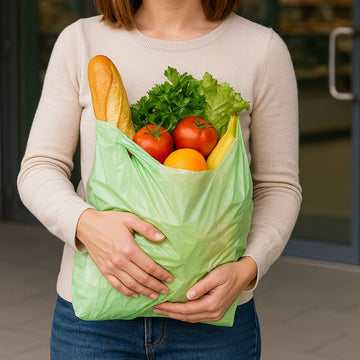 Shopper per spesa, verde, bio, piena di pane e verdura, retta da una ragazza all'uscita di un supermarket